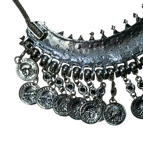 Boho Oxidized Silver Tone Tribal Coin Fringe Bib Necklace Statement Choker - Picture 9 of 14